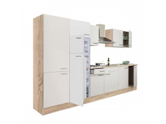 Yorki 330 konyhabútor sonoma tölgy korpusz,selyemfényű fehér fronttal polcos szekrénnyel és felülfagyasztós hűtős szekrénnyel