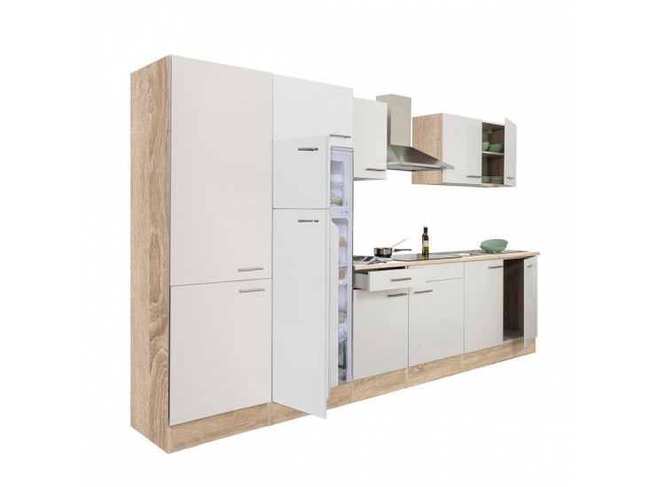Yorki 330 konyhabútor sonoma tölgy korpusz,selyemfényű fehér fronttal polcos szekrénnyel és felülfagyasztós hűtős szekrénnyel