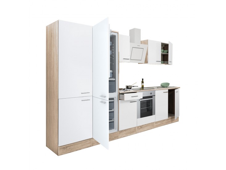 Yorki 330 konyhabútor sonoma tölgy korpusz,selyemfényű fehér front alsó sütős elemmel polcos szekrénnyel és alulfagyasztós hűtős szekrénnyel