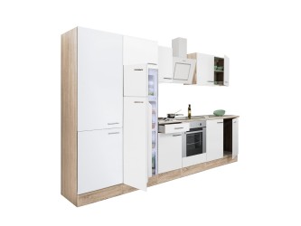 Yorki 330 konyhabútor sonoma tölgy korpusz,selyemfényű fehér front alsó sütős elemmel polcos szekrénnyel és felülfagyasztós hűtős szekrénnyel