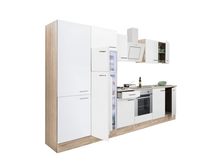 Yorki 330 konyhabútor sonoma tölgy korpusz,selyemfényű fehér front alsó sütős elemmel polcos szekrénnyel és felülfagyasztós hűtős szekrénnyel
