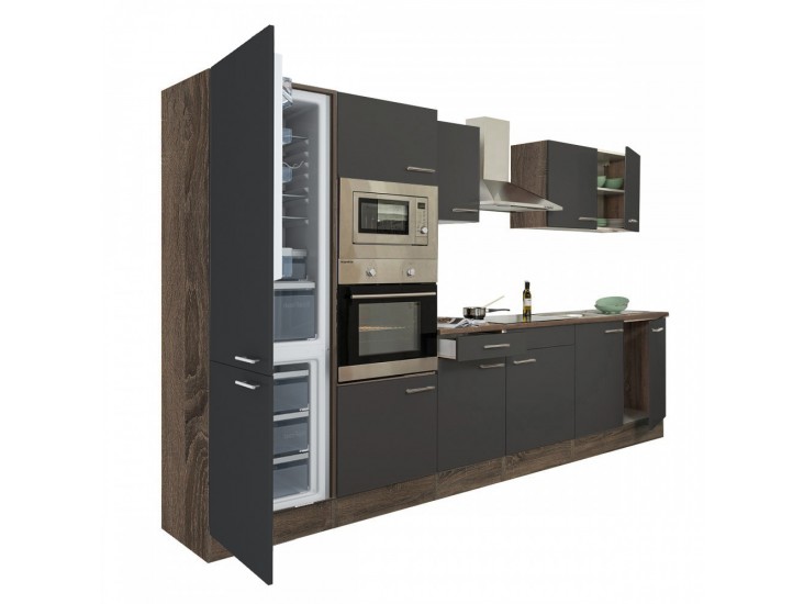 Yorki 330 konyhabútor yorki tölgy korpusz,selyemfényű antracit fronttal alulfagyasztós hűtős szekrénnyel