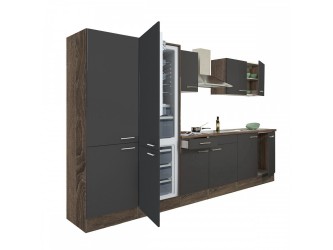 Yorki 330 konyhabútor yorki tölgy korpusz,selyemfényű antracit fronttal polcos szekrénnyel és alulfagyasztós hűtős szekrénnyel