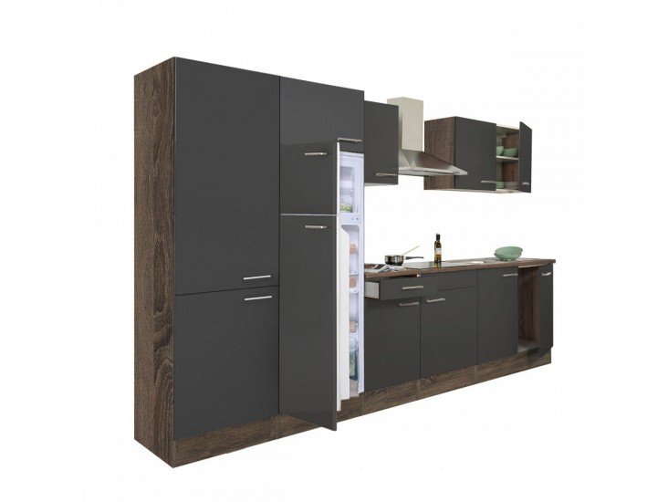 Yorki 330 konyhabútor yorki tölgy korpusz,selyemfényű antracit fronttal polcos szekrénnyel és felülfagyasztós hűtős szekrénnyel
