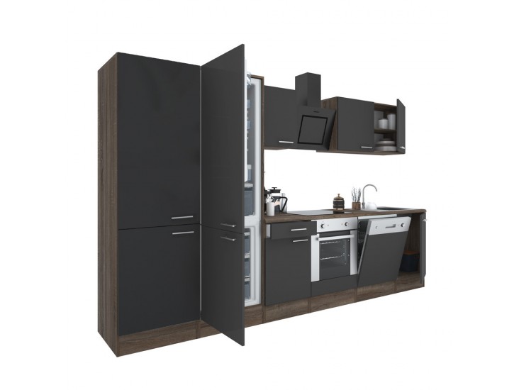 Yorki 330 konyhabútor yorki tölgy korpusz,selyemfényű antracit front alsó sütős elemmel polcos szekrénnyel és alulfagyasztós hűtős szekrénnyel