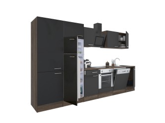 Yorki 330 konyhabútor yorki tölgy korpusz,selyemfényű antracit front alsó sütős elemmel polcos szekrénnyel és felülfagyasztós hűtős szekrénnyel