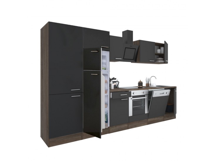 Yorki 330 konyhabútor yorki tölgy korpusz,selyemfényű antracit front alsó sütős elemmel polcos szekrénnyel és felülfagyasztós hűtős szekrénnyel