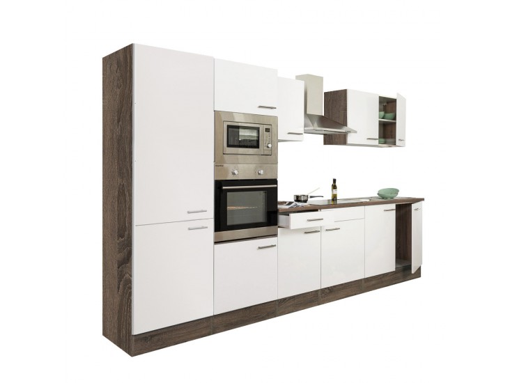 Yorki 330 konyhabútor yorki tölgy korpusz,selyemfényű fehér fronttal polcos szekrénnyel