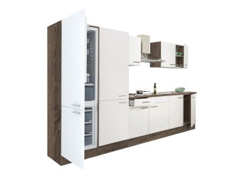 Yorki 330 konyhabútor yorki tölgy korpusz,selyemfényű fehér fronttal polcos szekrénnyel és alulfagyasztós hűtős szekrénnyel