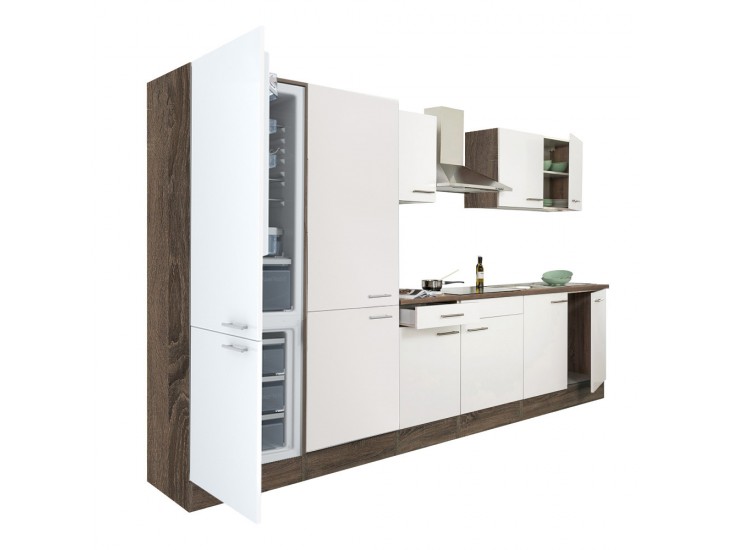 Yorki 330 konyhabútor yorki tölgy korpusz,selyemfényű fehér fronttal polcos szekrénnyel és alulfagyasztós hűtős szekrénnyel