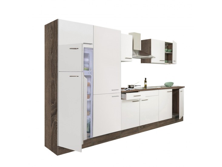 Yorki 330 konyhabútor yorki tölgy korpusz,selyemfényű fehér fronttal polcos szekrénnyel és felülfagyasztós hűtős szekrénnyel