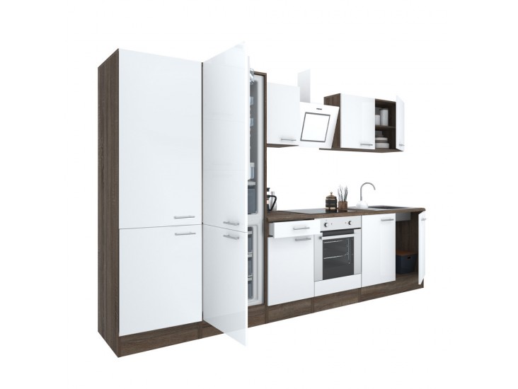 Yorki 330 konyhabútor yorki tölgy korpusz,selyemfényű fehér front alsó sütős elemmel polcos szekrénnyel és alulfagyasztós hűtős szekrénnyel