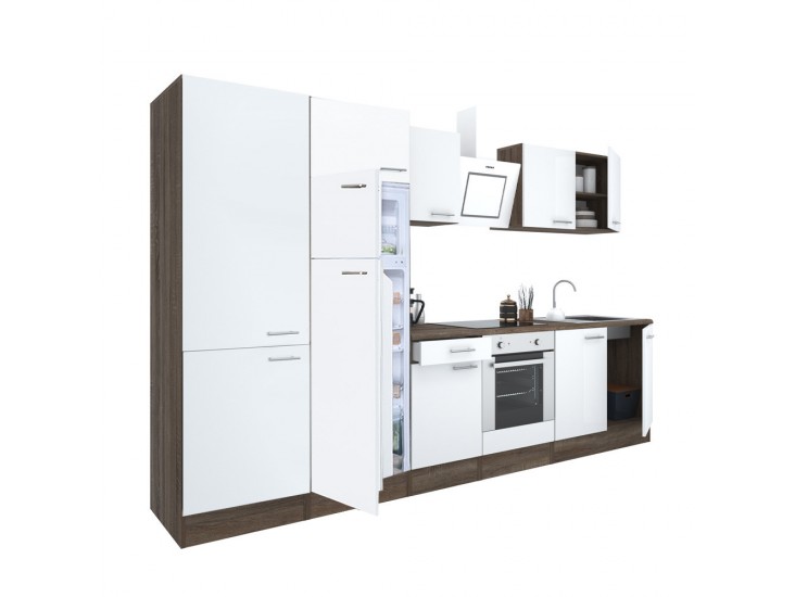 Yorki 330 konyhabútor yorki tölgy korpusz,selyemfényű fehér front alsó sütős elemmel polcos szekrénnyel és felülfagyasztós hűtős szekrénnyel