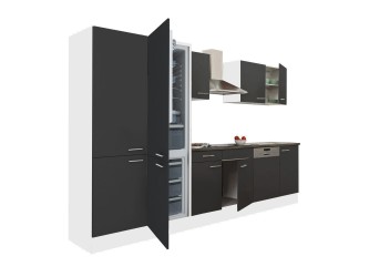 Yorki 340 konyhabútor fehér korpusz,selyemfényű antracit fronttal polcos szekrénnyel és alulfagyasztós hűtős szekrénnyel