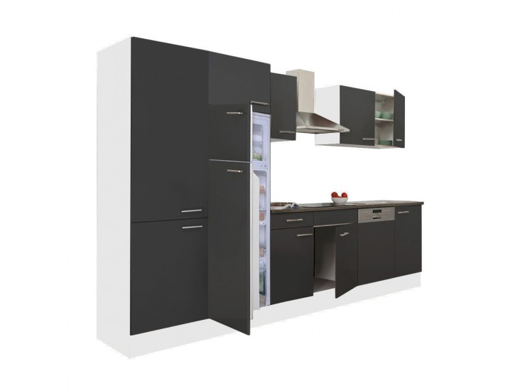 Yorki 340 konyhabútor fehér korpusz,selyemfényű antracit fronttal polcos szekrénnyel és felülfagyasztós hűtős szekrénnyel