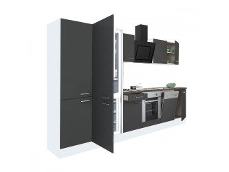 Yorki 340 konyhabútor fehér korpusz,selyemfényű antracit front alsó sütős elemmel polcos szekrénnyel és alulfagyasztós hűtős szekrénnyel