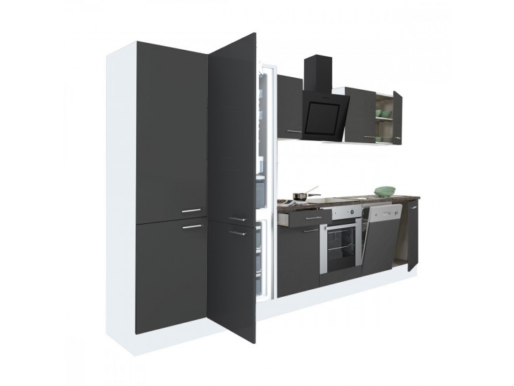 Yorki 340 konyhabútor fehér korpusz,selyemfényű antracit front alsó sütős elemmel polcos szekrénnyel és alulfagyasztós hűtős szekrénnyel
