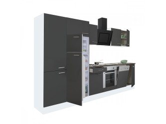 Yorki 340 konyhabútor fehér korpusz,selyemfényű antracit front alsó sütős elemmel polcos szekrénnyel és felülfagyasztós hűtős szekrénnyel