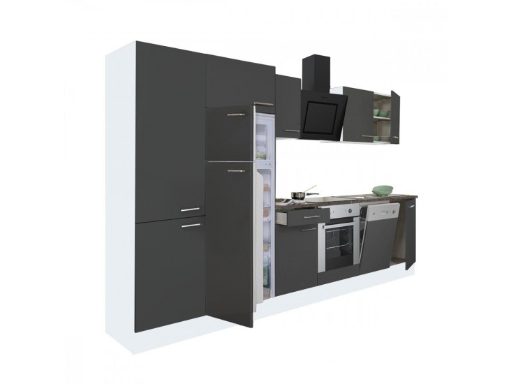 Yorki 340 konyhabútor fehér korpusz,selyemfényű antracit front alsó sütős elemmel polcos szekrénnyel és felülfagyasztós hűtős szekrénnyel