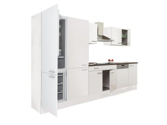 Yorki 340 konyhabútor fehér korpusz,selyemfényű fehér fronttal polcos szekrénnyel és alulfagyasztós hűtős szekrénnyel