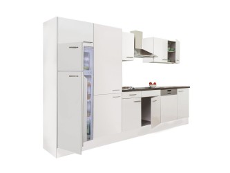 Yorki 340 konyhabútor fehér korpusz,selyemfényű fehér fronttal polcos szekrénnyel és felülfagyasztós hűtős szekrénnyel