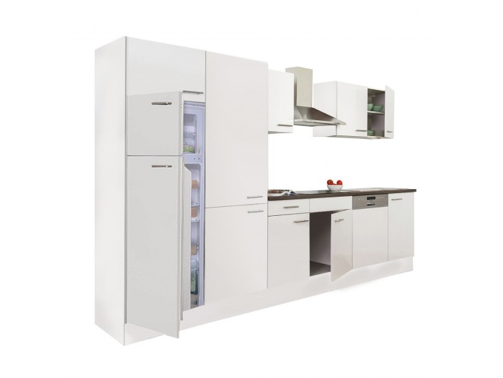 Yorki 340 konyhabútor fehér korpusz,selyemfényű fehér fronttal polcos szekrénnyel és felülfagyasztós hűtős szekrénnyel