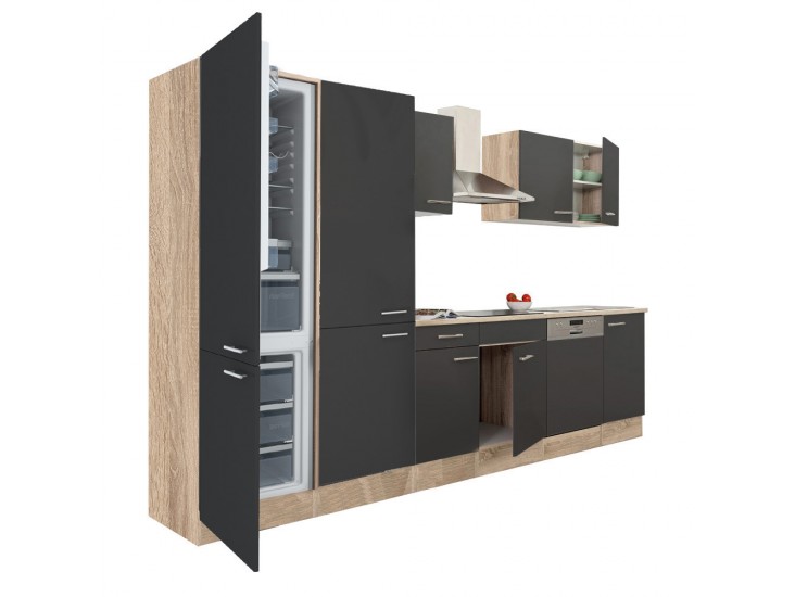 Yorki 340 konyhabútor sonoma tölgy korpusz,selyemfényű antracit fronttal polcos szekrénnyel és alulfagyasztós hűtős szekrénnyel