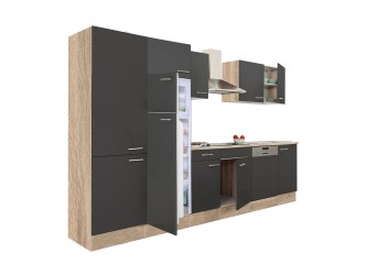 Yorki 340 konyhabútor sonoma tölgy korpusz,selyemfényű antracit fronttal polcos szekrénnyel és felülfagyasztós hűtős szekrénnyel