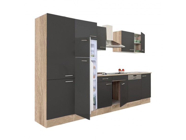 Yorki 340 konyhabútor sonoma tölgy korpusz,selyemfényű antracit fronttal polcos szekrénnyel és felülfagyasztós hűtős szekrénnyel