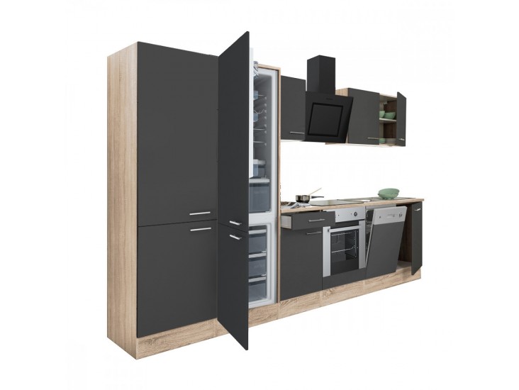 Yorki 340 konyhabútor sonoma tölgy korpusz,selyemfényű antracit front alsó sütős elemmel polcos szekrénnyel és alulfagyasztós hűtős szekrénnyel