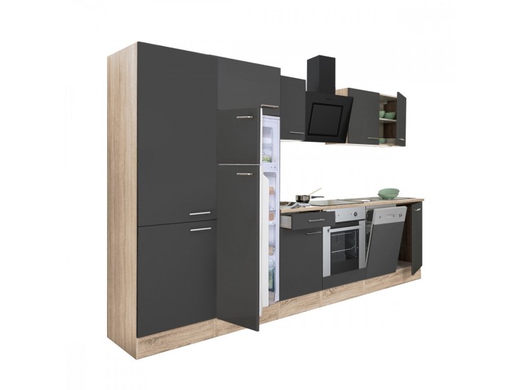 Yorki 340 konyhabútor sonoma tölgy korpusz,selyemfényű antracit front alsó sütős elemmel polcos szekrénnyel és felülfagyasztós hűtős szekrénnyel