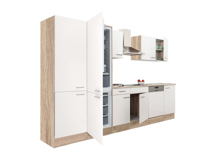 Yorki 340 konyhabútor sonoma tölgy korpusz,selyemfényű fehér fronttal polcos szekrénnyel és alulfagyasztós hűtős szekrénnyel