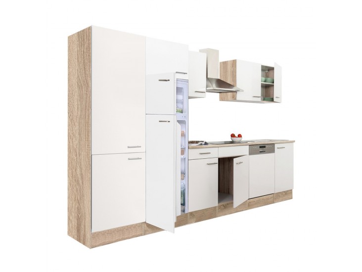 Yorki 340 konyhabútor sonoma tölgy korpusz,selyemfényű fehér fronttal polcos szekrénnyel és felülfagyasztós hűtős szekrénnyel