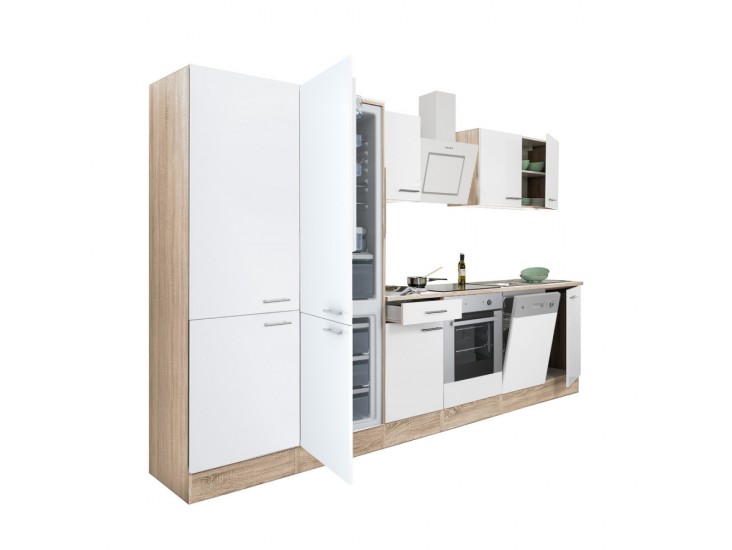 Yorki 340 konyhabútor sonoma tölgy korpusz,selyemfényű fehér front alsó sütős elemmel polcos szekrénnyel és alulfagyasztós hűtős szekrénnyel