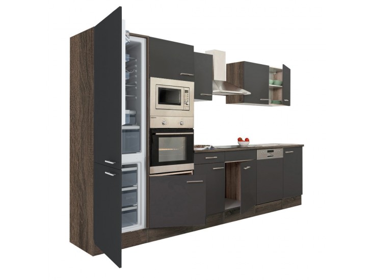 Yorki 340 konyhabútor yorki tölgy korpusz,selyemfényű antracit fronttal alulfagyasztós hűtős szekrénnyel