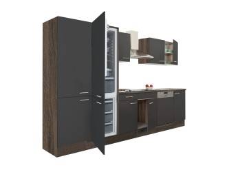 Yorki 340 konyhabútor yorki tölgy korpusz,selyemfényű antracit fronttal polcos szekrénnyel és alulfagyasztós hűtős szekrénnyel