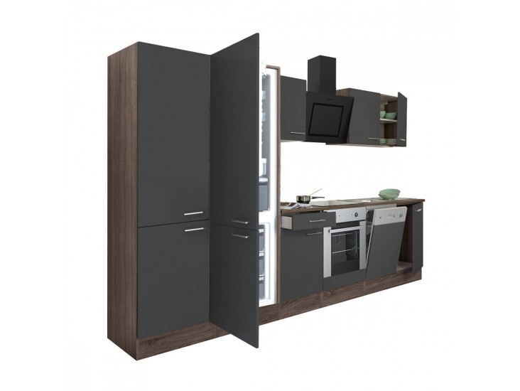 Yorki 340 konyhabútor yorki tölgy korpusz,selyemfényű antracit front alsó sütős elemmel polcos szekrénnyel és alulfagyasztós hűtős szekrénnyel