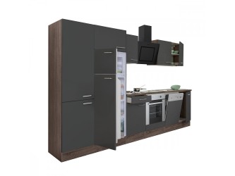Yorki 340 konyhabútor yorki tölgy korpusz,selyemfényű antracit front alsó sütős elemmel polcos szekrénnyel és felülfagyasztós hűtős szekrénnyel
