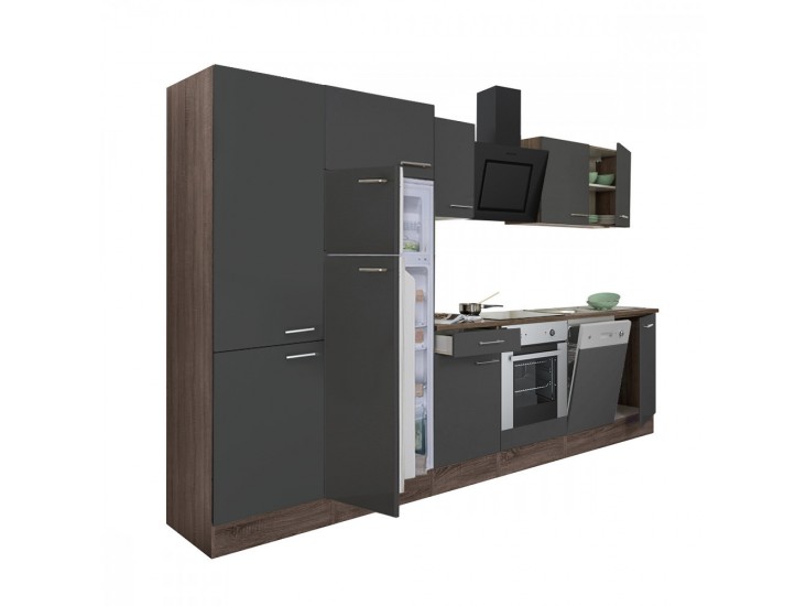 Yorki 340 konyhabútor yorki tölgy korpusz,selyemfényű antracit front alsó sütős elemmel polcos szekrénnyel és felülfagyasztós hűtős szekrénnyel