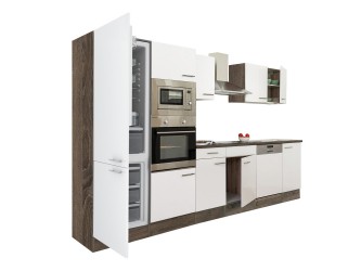 Yorki 340 konyhabútor yorki tölgy korpusz,selyemfényű fehér fronttal alulfagyasztós hűtős szekrénnyel