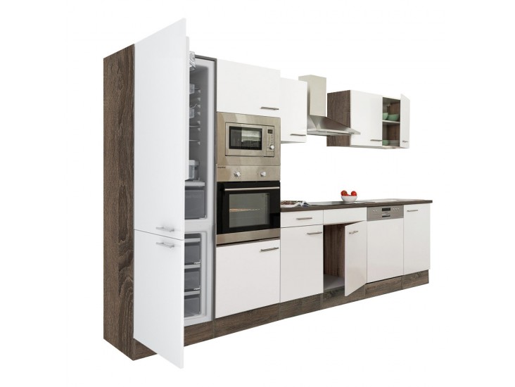 Yorki 340 konyhabútor yorki tölgy korpusz,selyemfényű fehér fronttal alulfagyasztós hűtős szekrénnyel