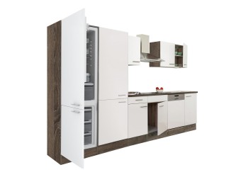 Yorki 340 konyhabútor yorki tölgy korpusz,selyemfényű fehér fronttal polcos szekrénnyel és alulfagyasztós hűtős szekrénnyel