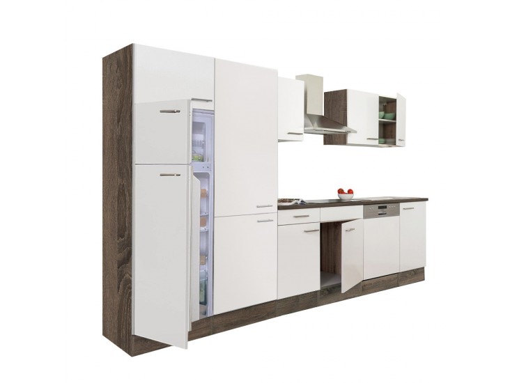 Yorki 340 konyhabútor yorki tölgy korpusz,selyemfényű fehér fronttal polcos szekrénnyel és felülfagyasztós hűtős szekrénnyel