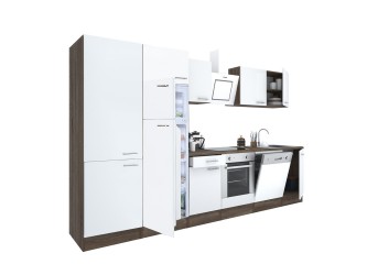 Yorki 340 konyhabútor yorki tölgy korpusz,selyemfényű fehér front alsó sütős elemmel polcos szekrénnyel és felülfagyasztós hűtős szekrénnyel