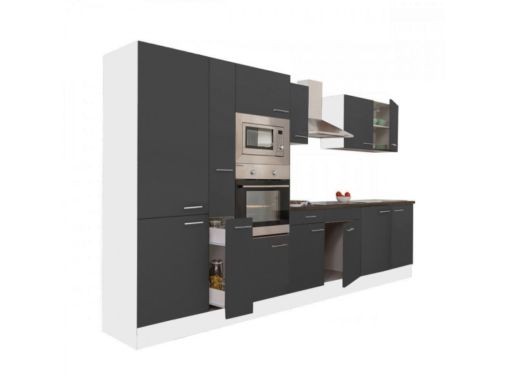 Yorki 360 konyhabútor fehér korpusz,selyemfényű antracit fronttal polcos szekrénnyel