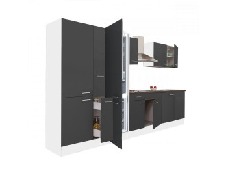 Yorki 360 konyhabútor fehér korpusz,selyemfényű antracit fronttal polcos szekrénnyel és alulfagyasztós hűtős szekrénnyel