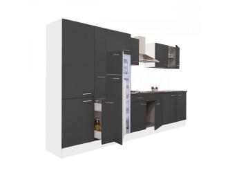 Yorki 360 konyhabútor fehér korpusz,selyemfényű antracit fronttal polcos szekrénnyel és felülfagyasztós hűtős szekrénnyel