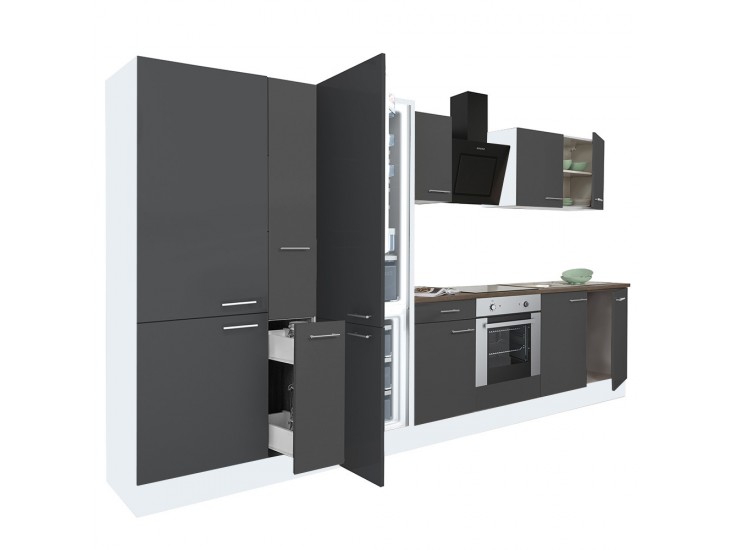 Yorki 360 konyhabútor fehér korpusz,selyemfényű antracit front alsó sütős elemmel polcos szekrénnyel és alulfagyasztós hűtős szekrénnyel