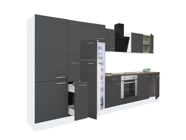 Yorki 360 konyhabútor fehér korpusz,selyemfényű antracit front alsó sütős elemmel polcos szekrénnyel és felülfagyasztós hűtős szekrénnyel