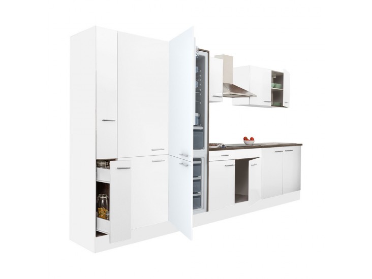 Yorki 360 konyhabútor fehér korpusz,selyemfényű fehér fronttal polcos szekrénnyel és alulfagyasztós hűtős szekrénnyel